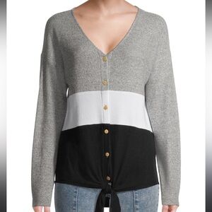NEW Black White Grey Color Block Button Soft V Neck Tie Top Large